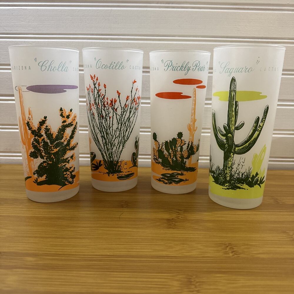 Vintage Set Of 4 Blakely Gas & Oil Arizona Frosted Glass Highball 6.5”